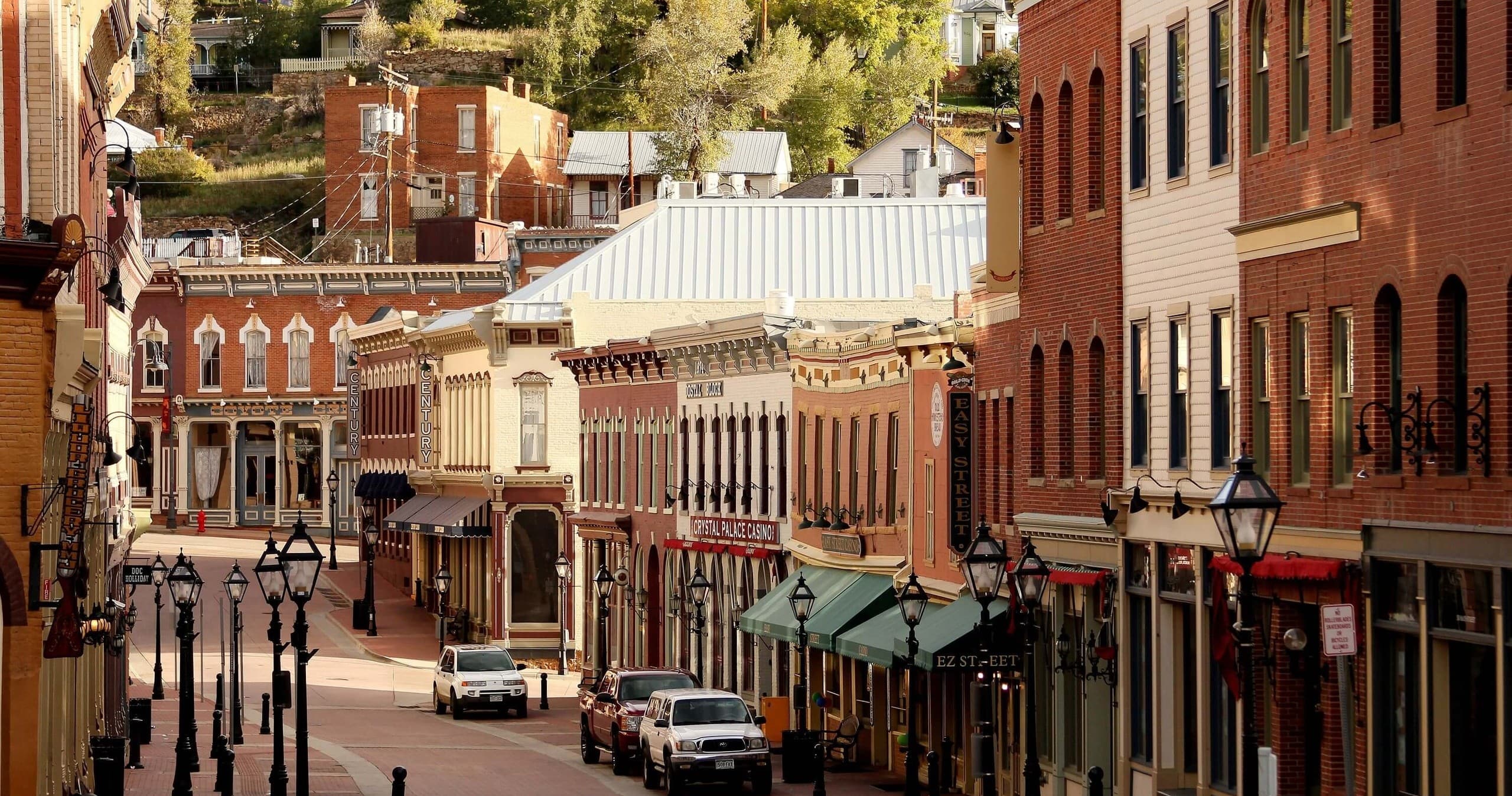 Historic small-town main street in mountain town near Red Rocks scenic