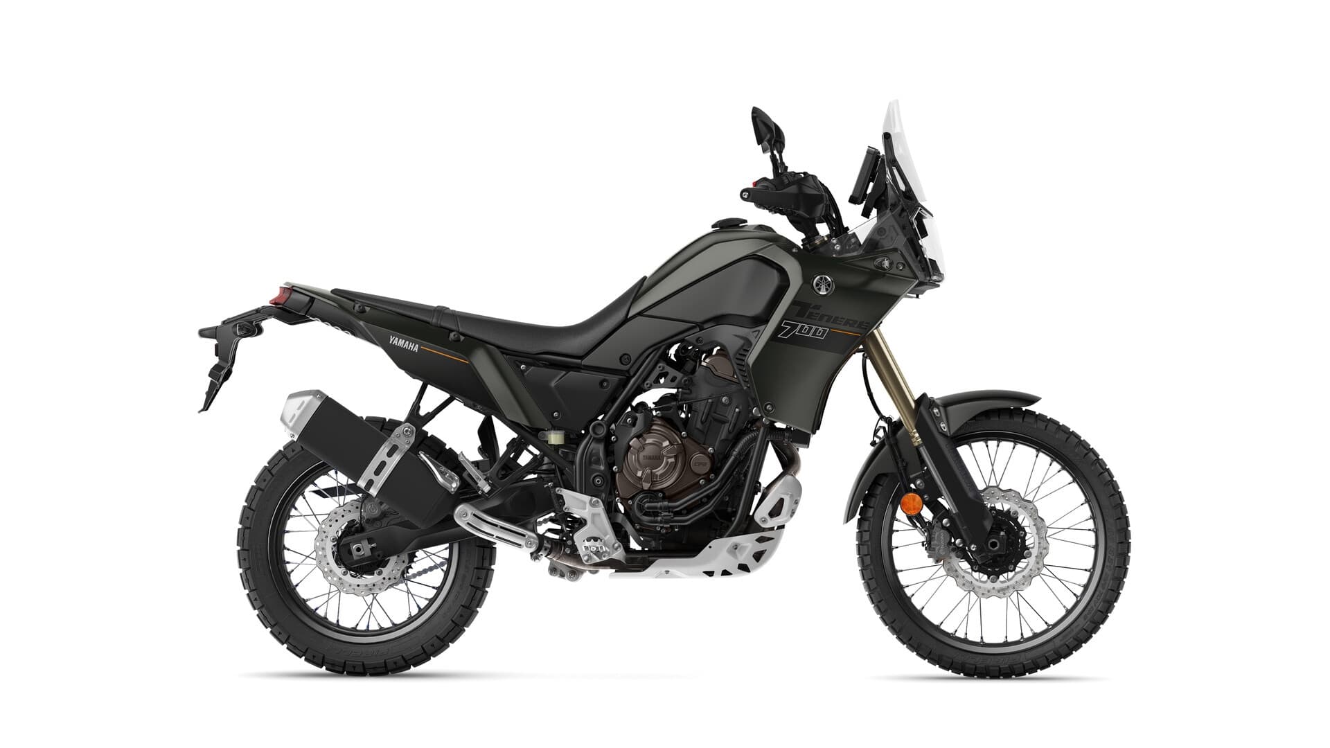 Black dual-sport adventure motorcycle on white studio background