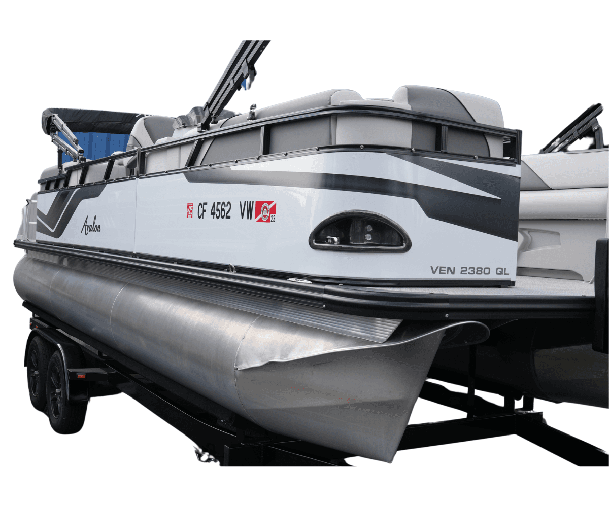 Close-up of pontoon bow and aluminum tubes, dockside ready