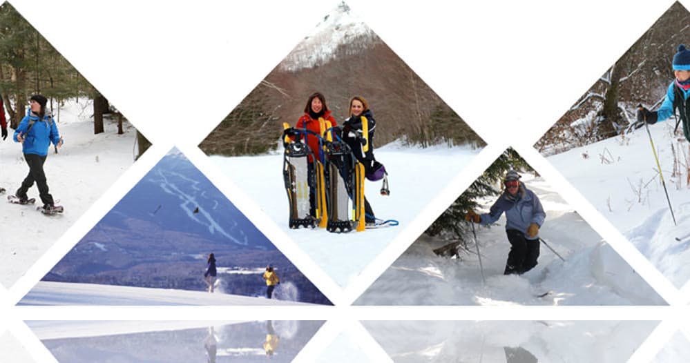 Group snowshoeing and winter activities collage with reflections