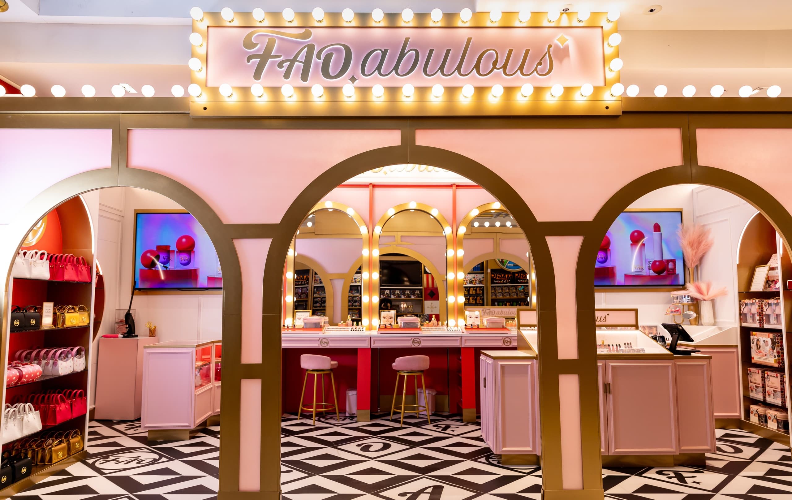 Colorful FAO Schwarz storefront boutique interior with arches