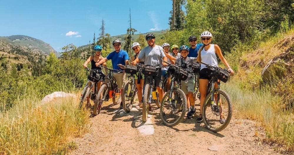 Group mountain bikers riding sunlit forest trail