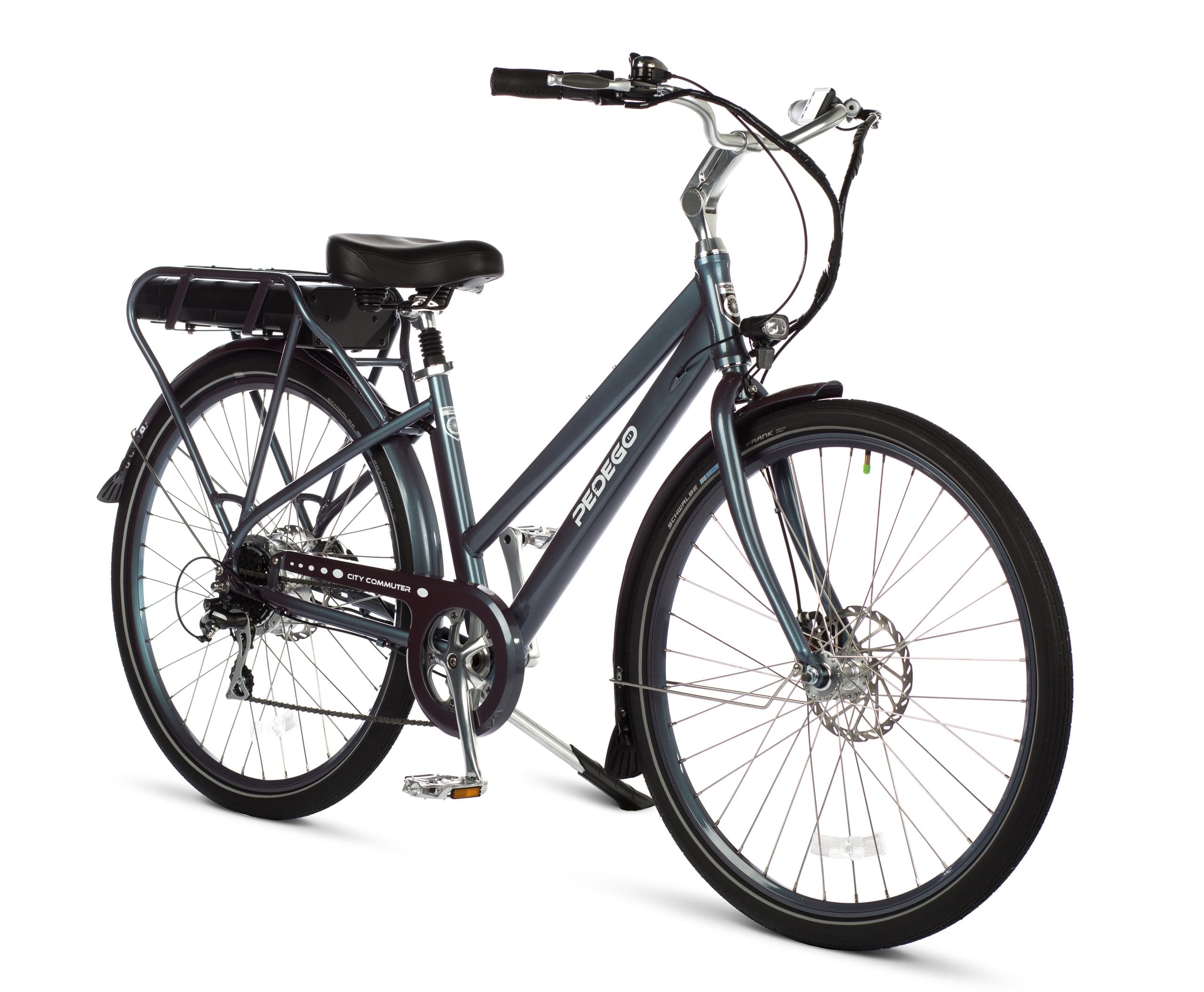 Comfort step-through electric city bike on white studio background