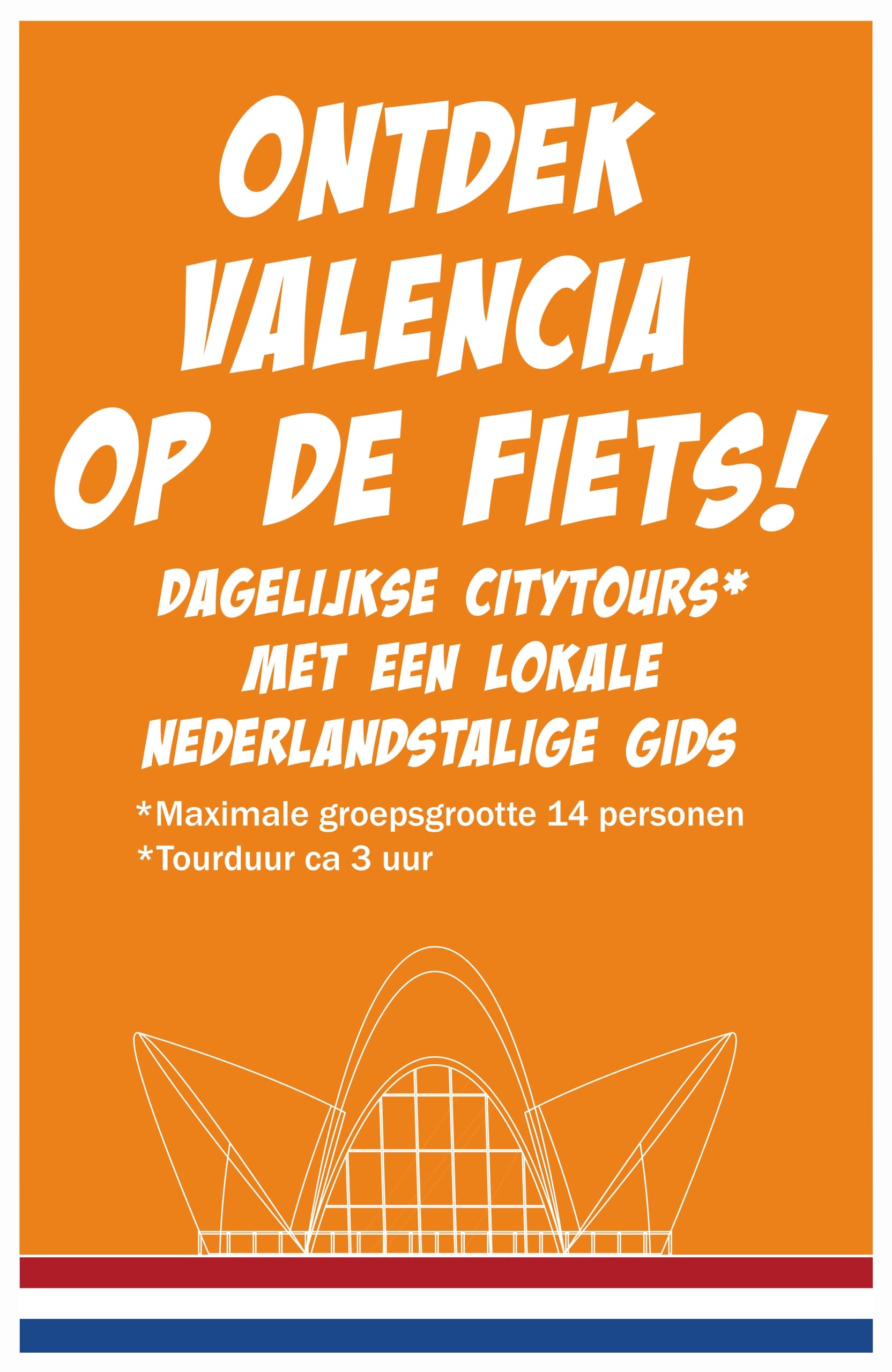 Orange promotional poster advertising Valencia cycling city tours in Dutch
