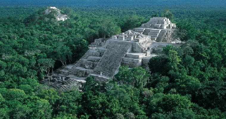 Aerial view of ancient jungle ruins surrounded by dense forest