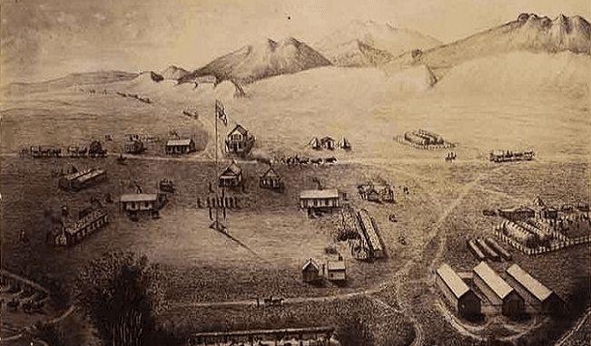 Historic frontier settlement sketch showing fort and cabins