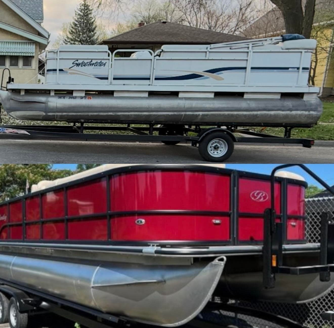 Pontoon boats on trailer at marina ready for lake rentals