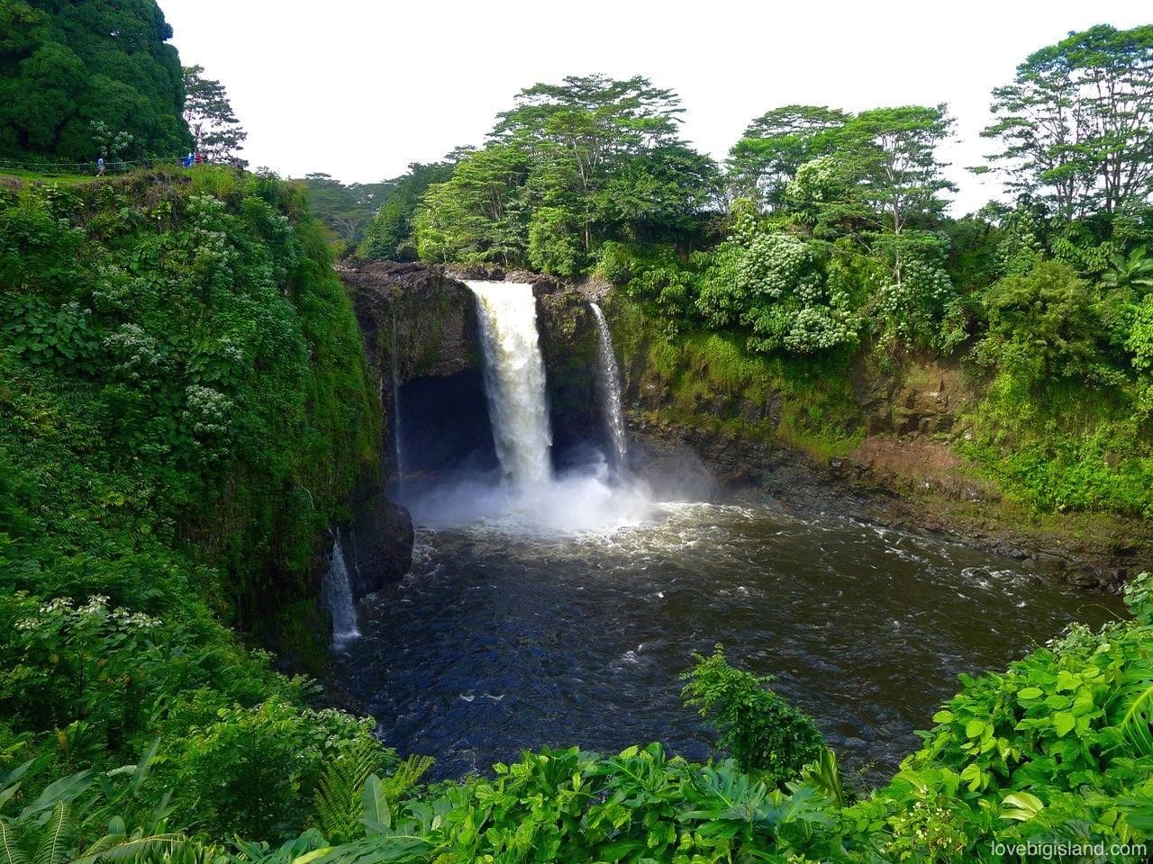 Tropical waterfall plunging into a rainforest pool in Hawaii