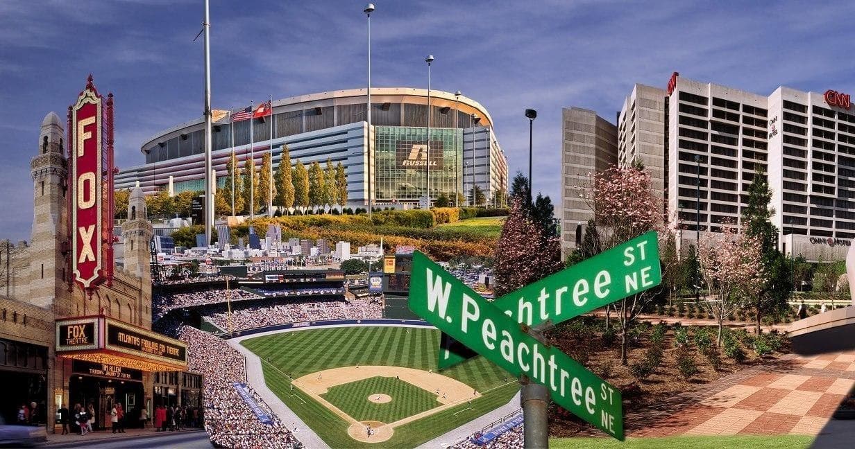 Atlanta baseball park exterior with Fox Theatre marquee visible