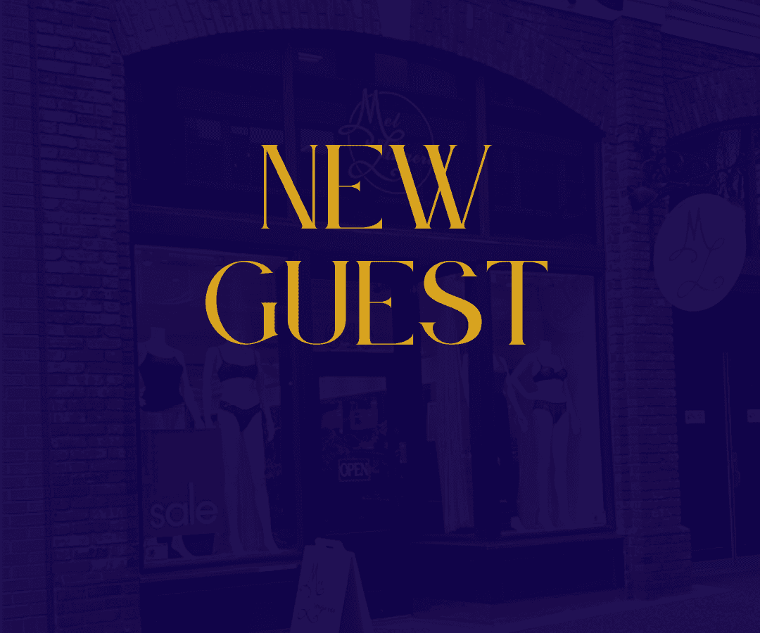 Storefront promotional graphic reading 'NEW GUEST' over boutique window