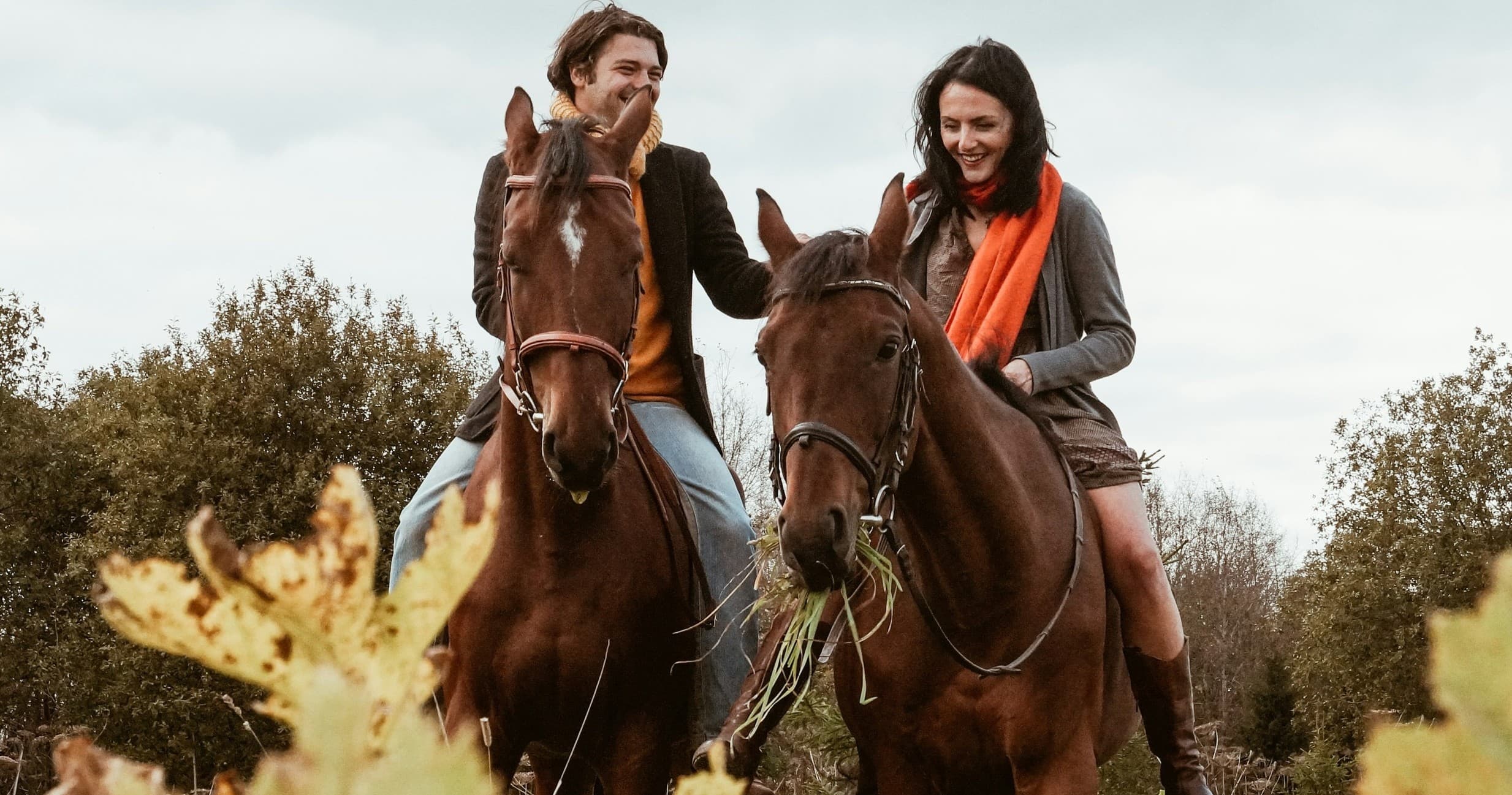 Two riders trotting together on scenic countryside trail