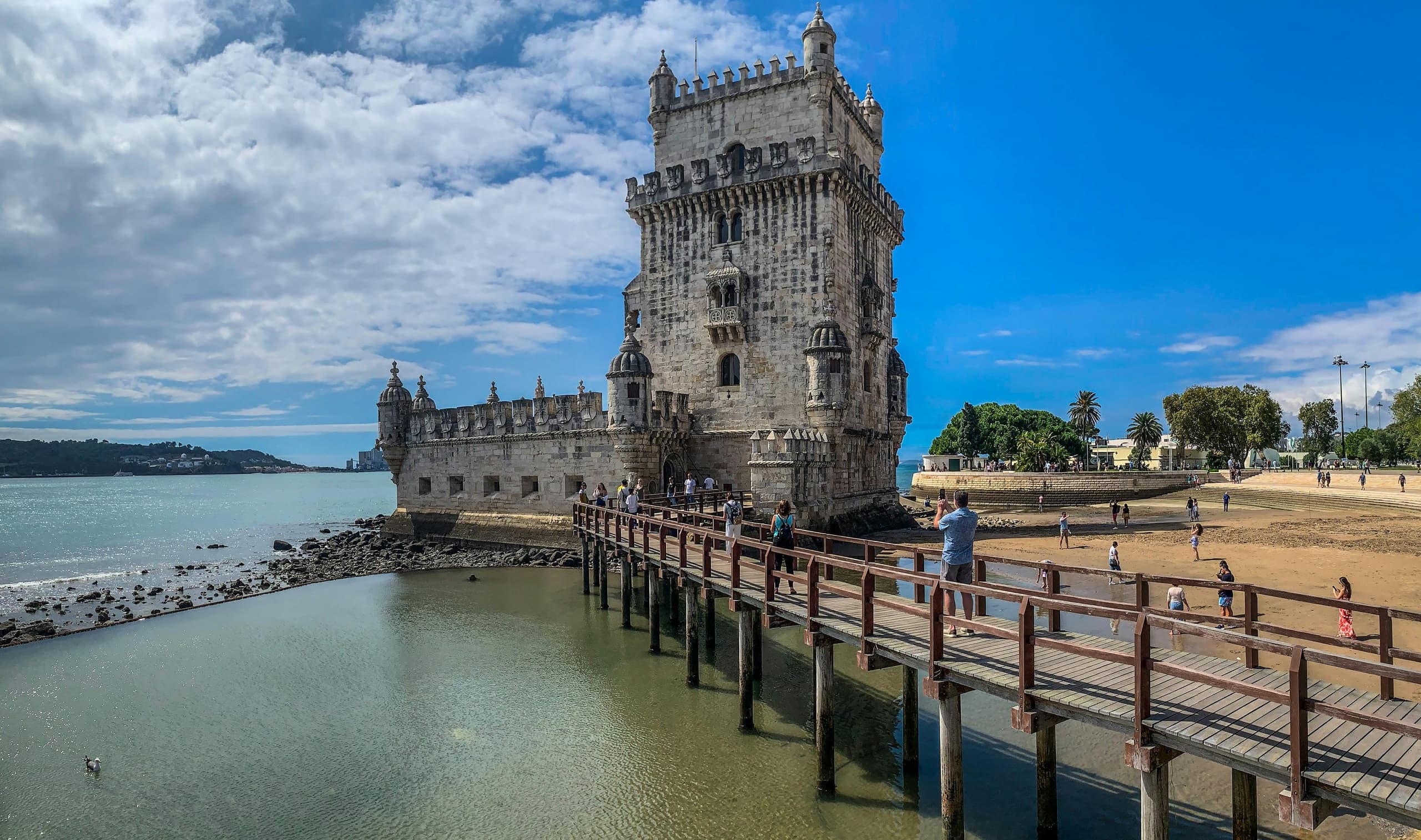 Belém Tower at sunset on Tagus River, scenic Lisbon landmark view