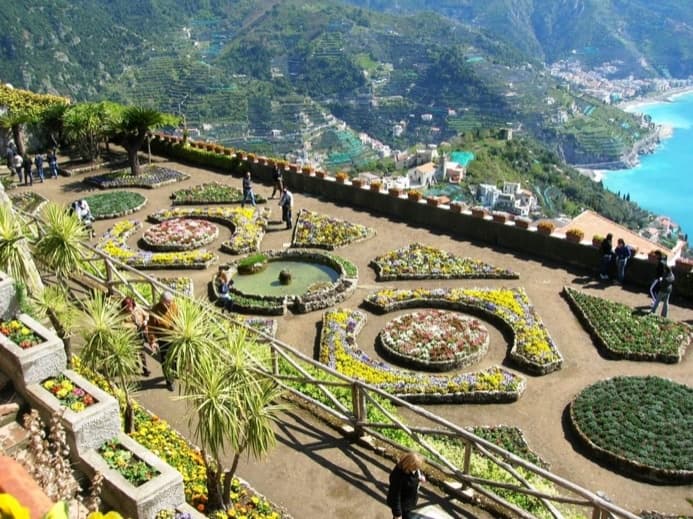 Formal terraced gardens overlooking Amalfi coastline, scenic