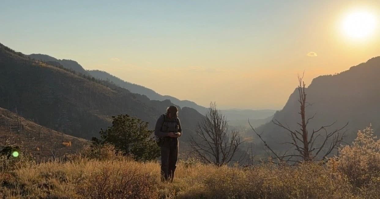 Backcountry hunter silhouetted at sunset over mountain valley