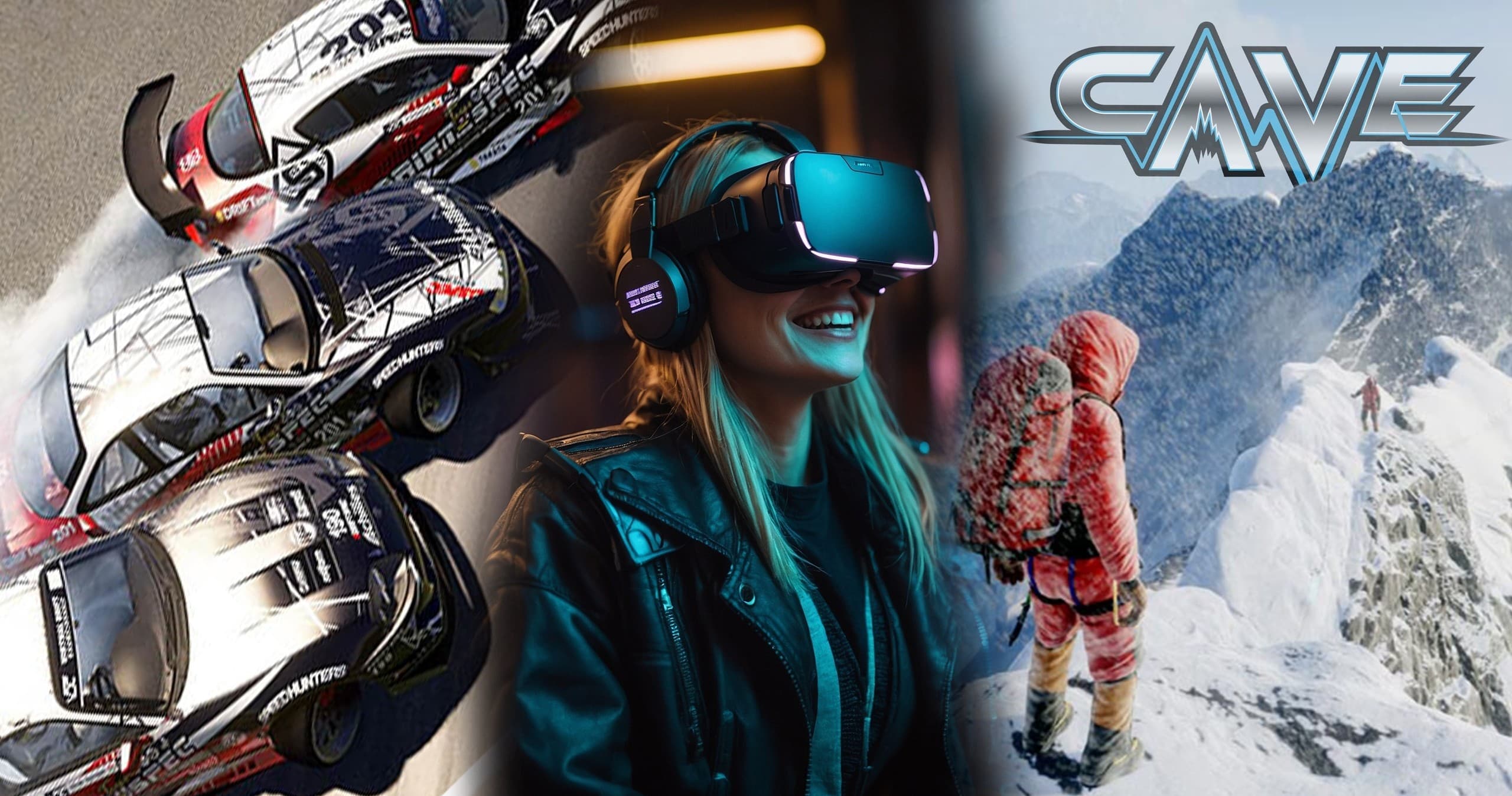 VR user with racing cars and snowy mountain backdrop, mixed reality