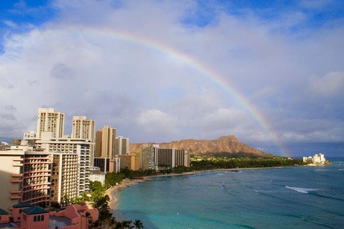 Coastal city beach with rainbow at Waikiki and Diamond Head