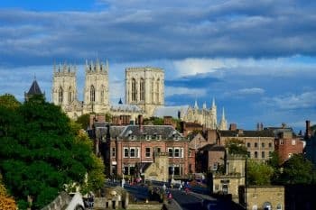 York Minster skyline over city, panoramic historic walking tour view