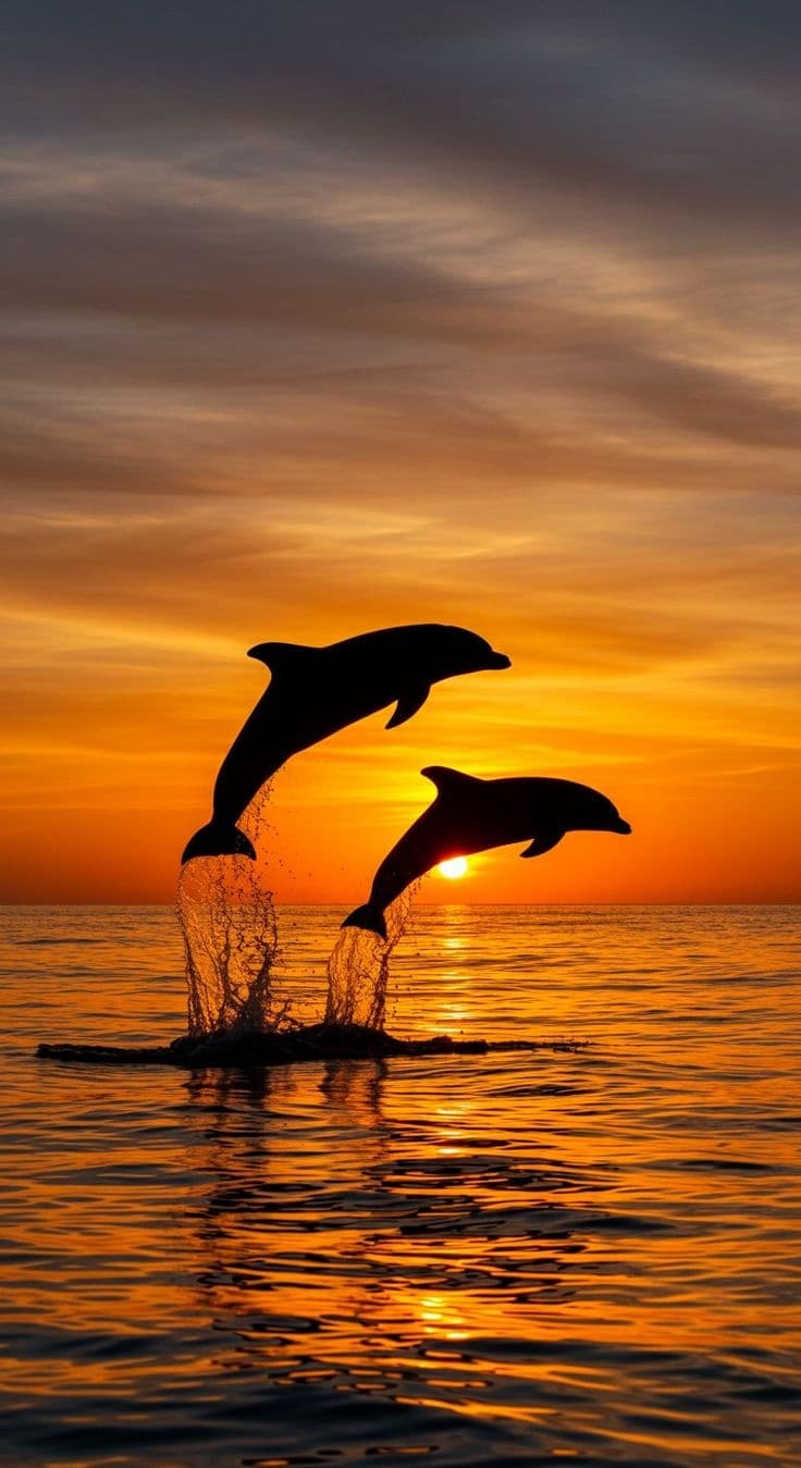 Silhouetted dolphins jumping at sunset over calm sea