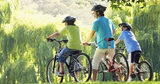 Family mountain biking on scenic grassy trail, outdoor adventure