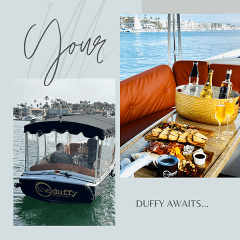 Duffy electric boat cruising marina with onboard picnic spread