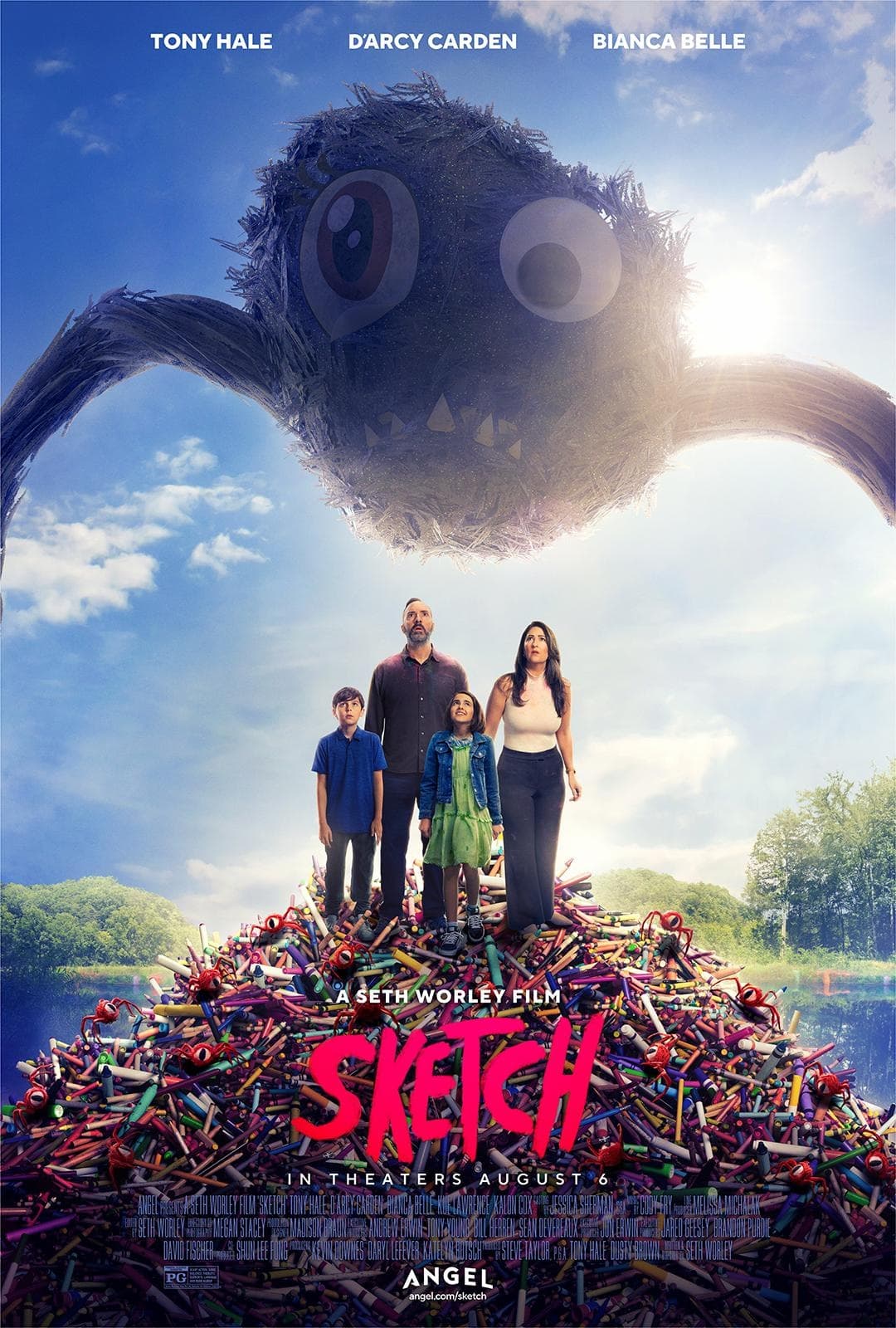 Family and giant whimsical creature looming over lakeside pile