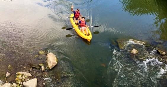 Kayakers navigating rocky river rapids in lush forested canyon