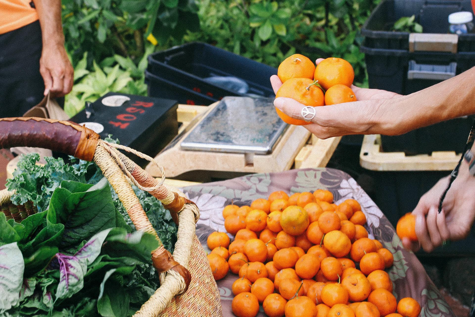 Local farmers market stall with fresh citrus and greens Kauai