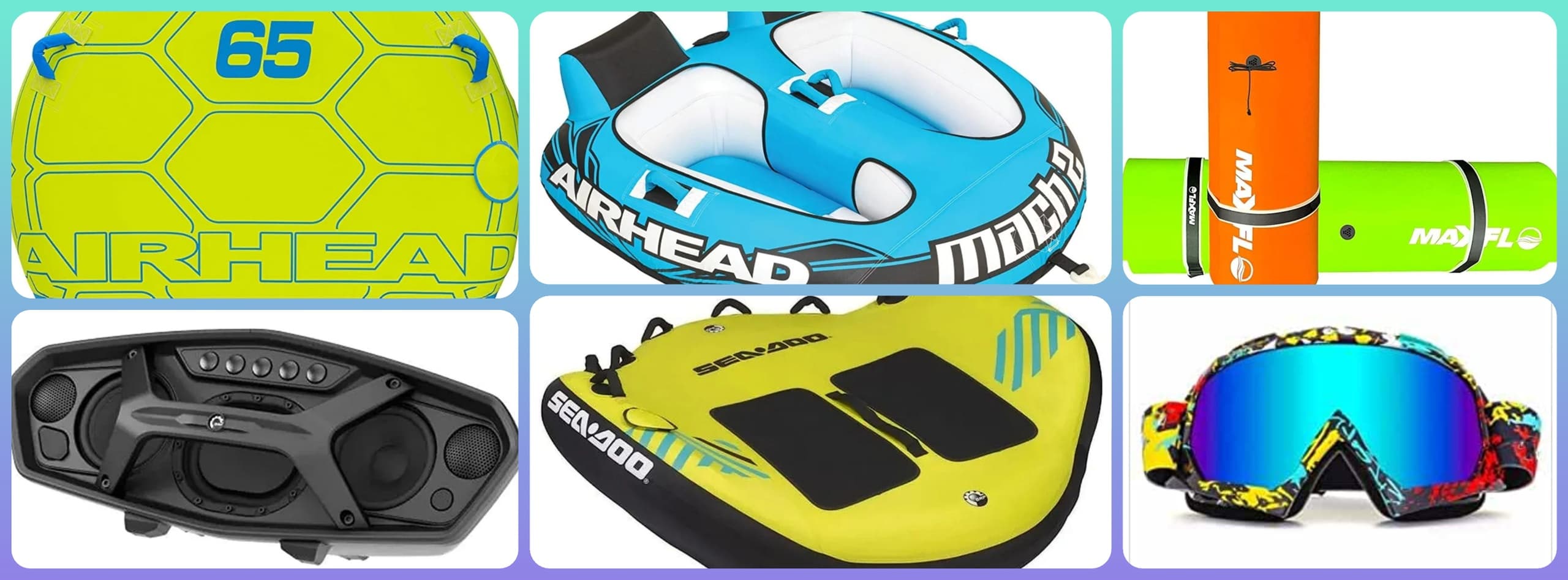 Towable water tubes and wakeboarding gear, beach watersports gear