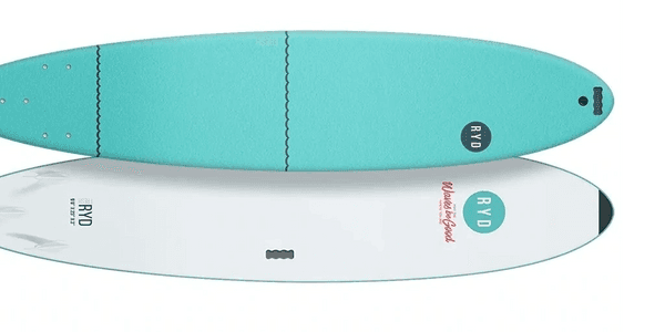 Aqua surfboard top-down view on studio white background