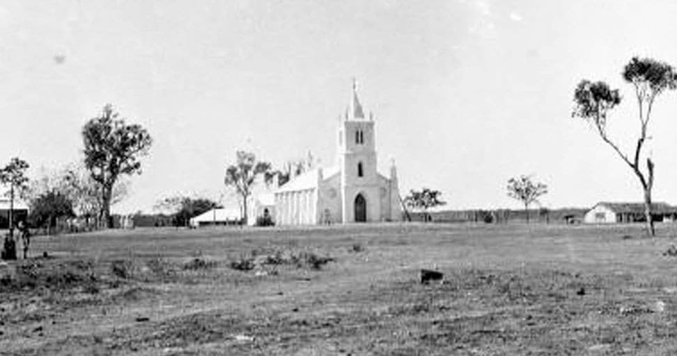 Historic rural church on Kimberley outback plain, cultural sightseeing