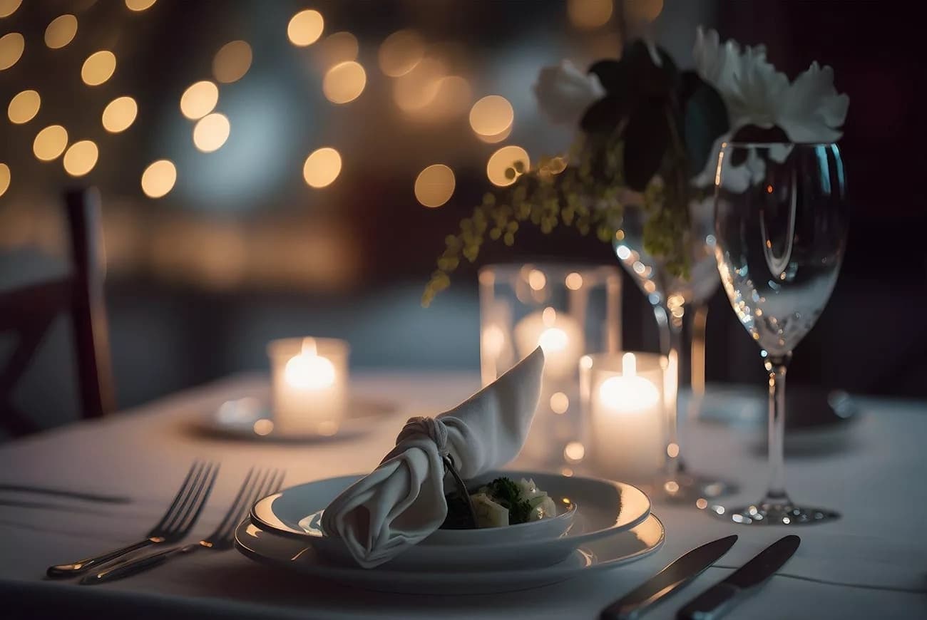 Candlelit dinner setting indoors, restaurant ambiance, table close-up