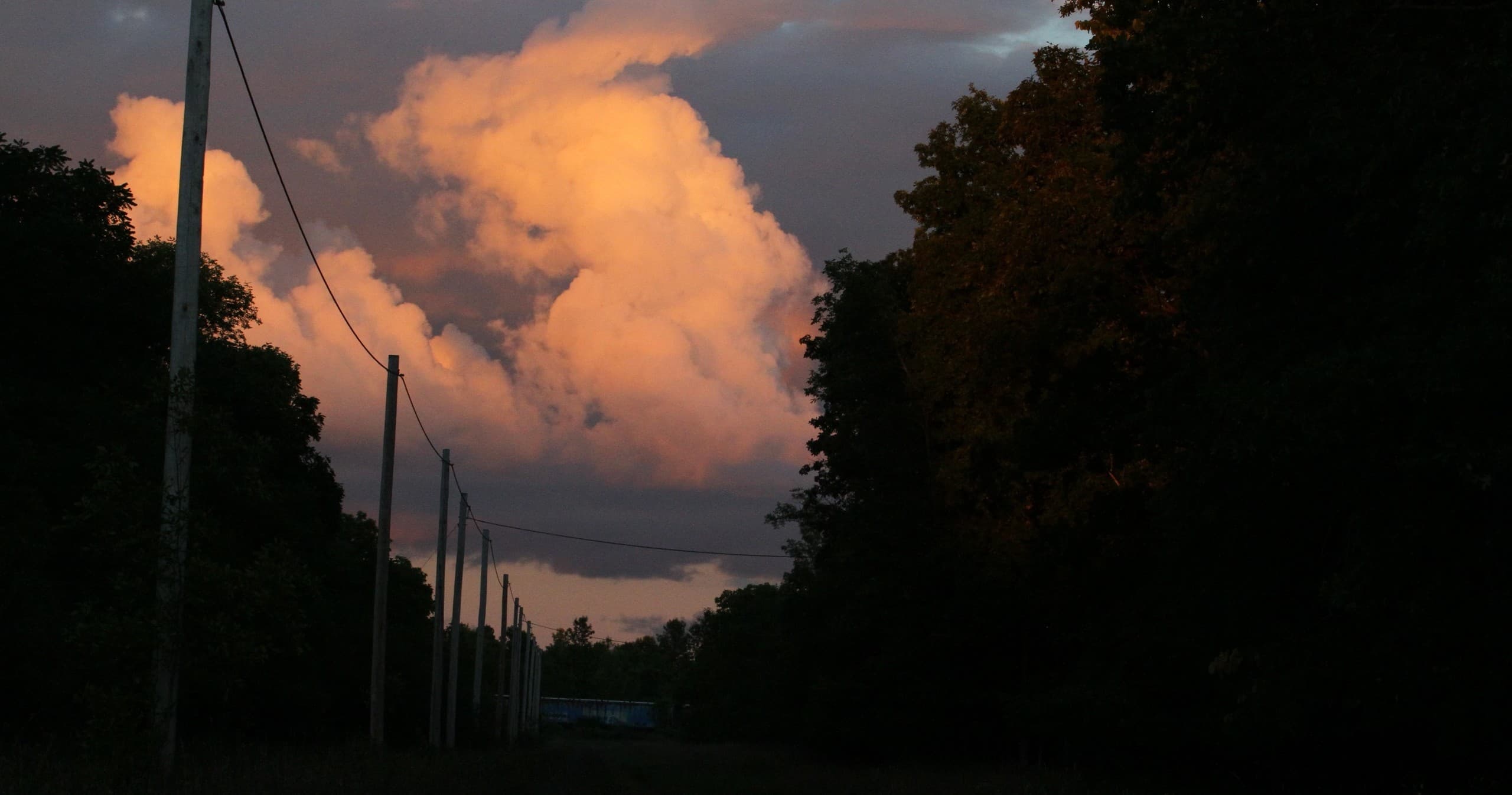 Sunset clouds over rural road flanked by trees, evening scenic drive