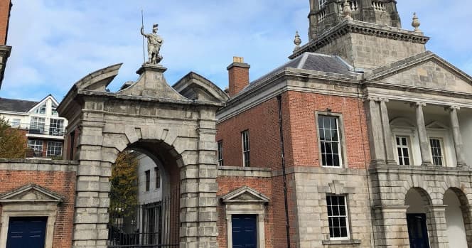 Historic arch and gate at Dublin landmark on walking tour