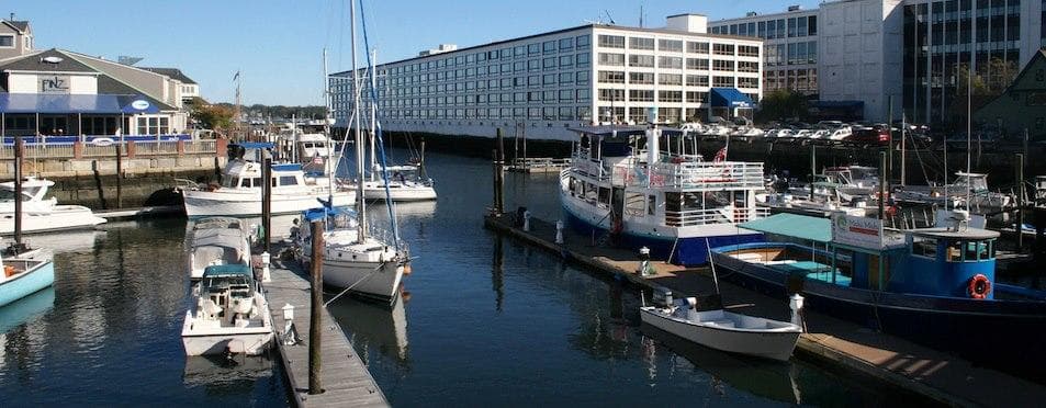 Marina view with tour boats docked in scenic coastal harbor
