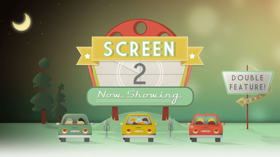 Nighttime drive-in theater under moonlight with classic cars