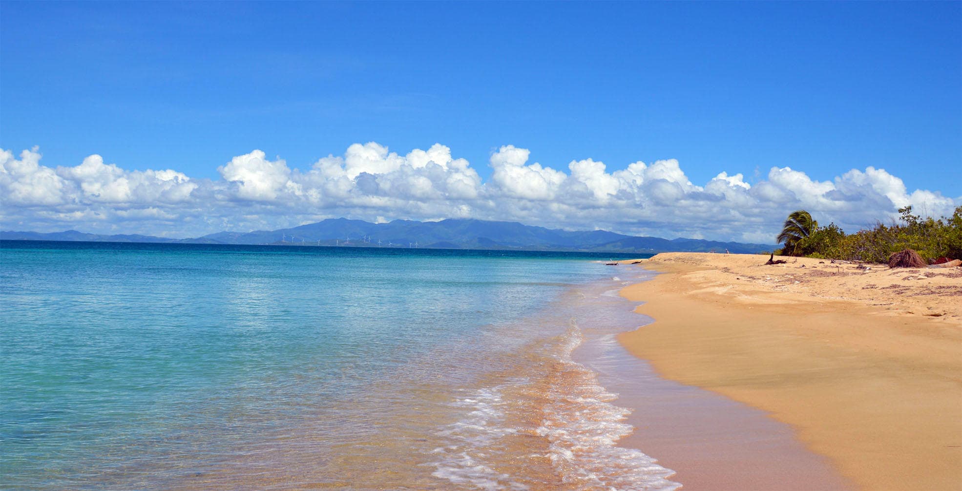 Pristine sandy beach and turquoise sea on tropical coastline