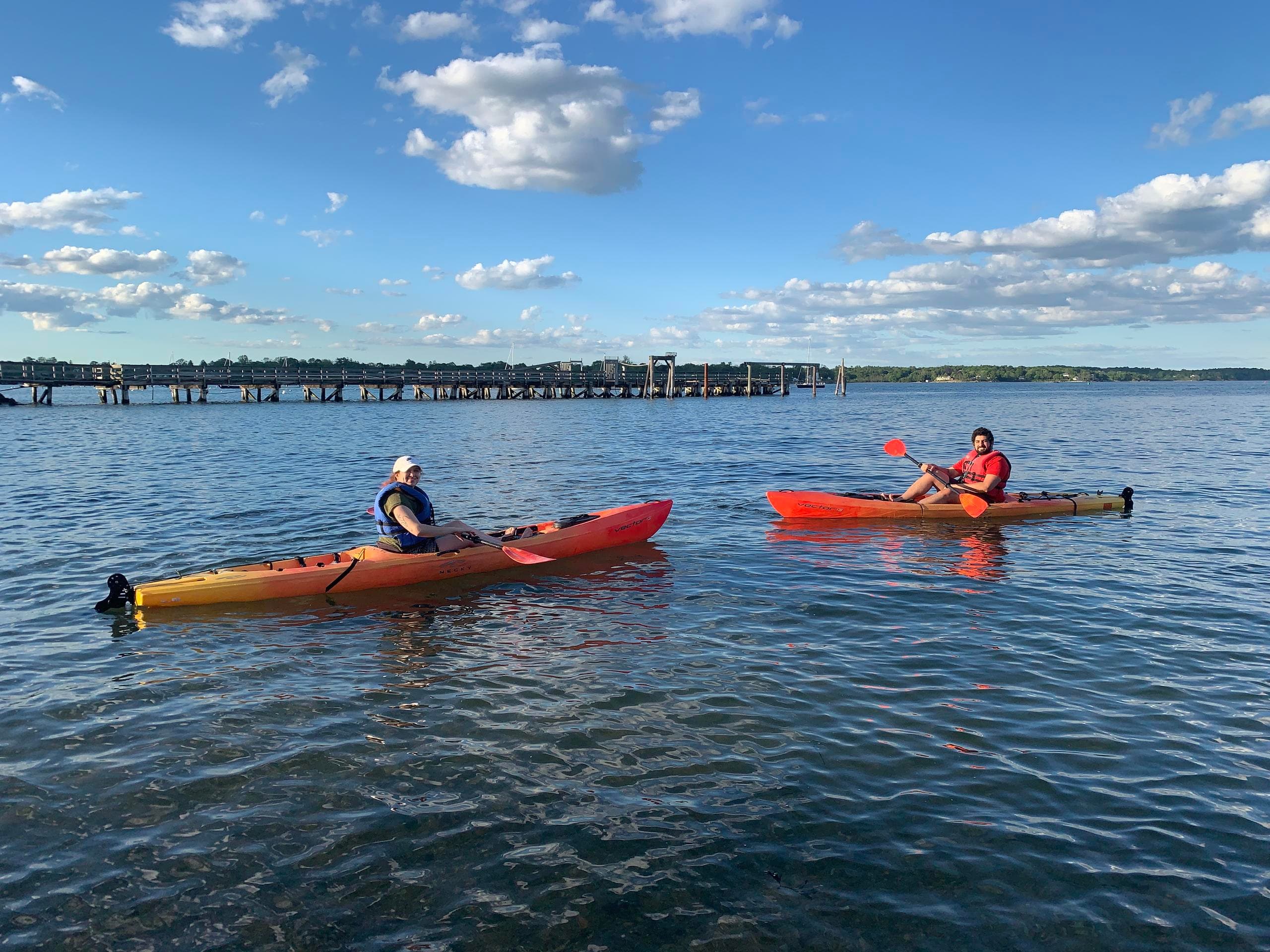 Two kayakers paddling across open bay under blue sky