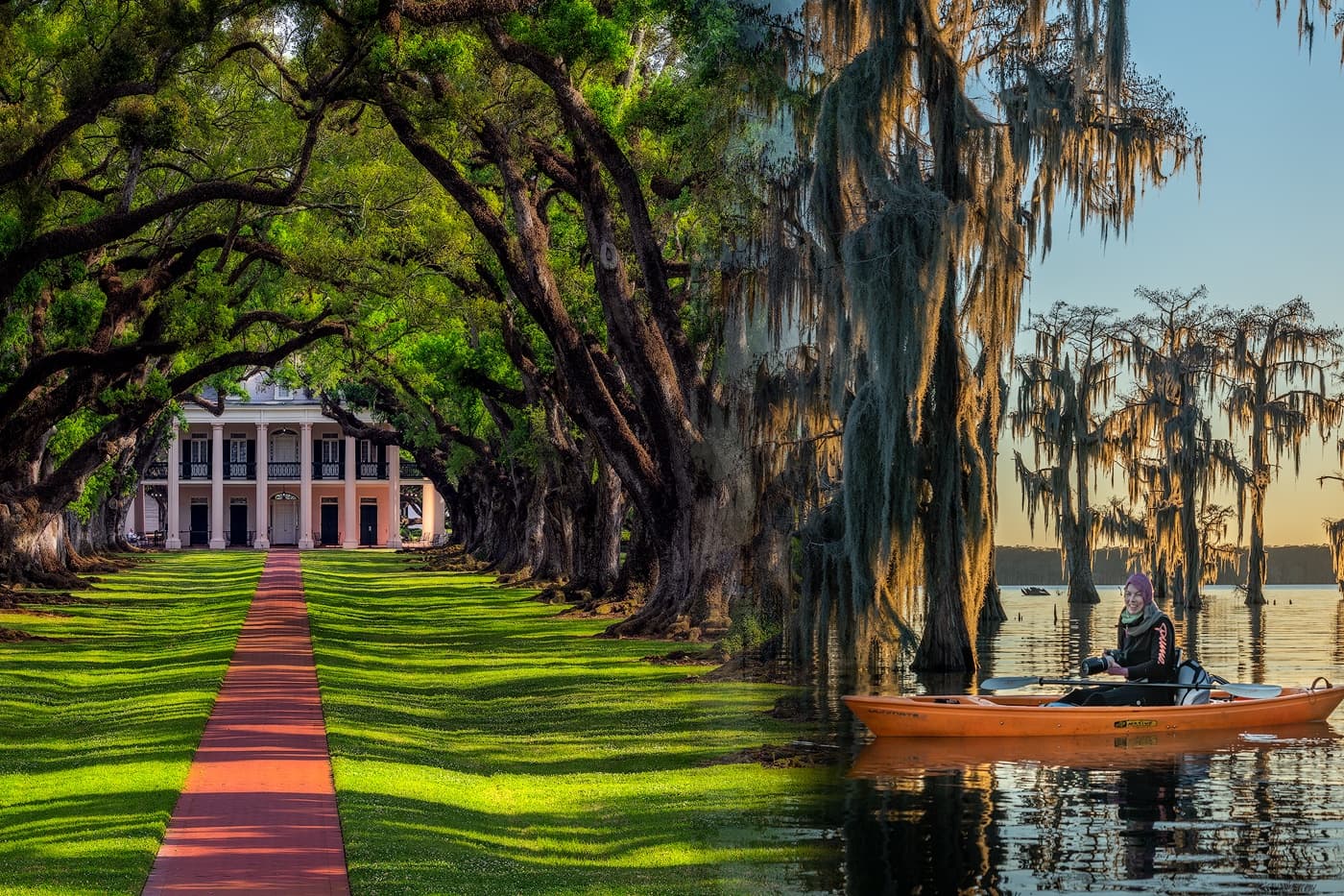 Historic plantation oak alley with riverfront and kayaks
