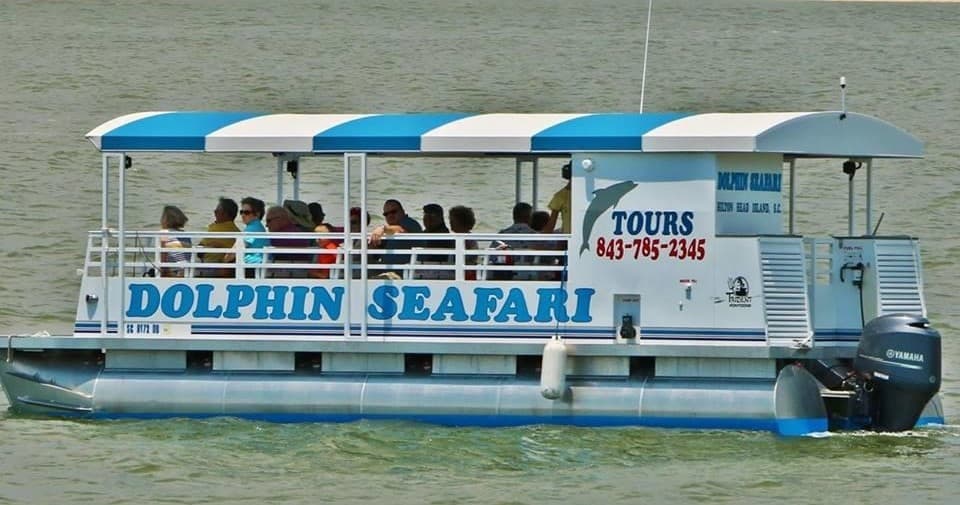 Dolphin seafari pontoon boat on choppy coastal waters with crew