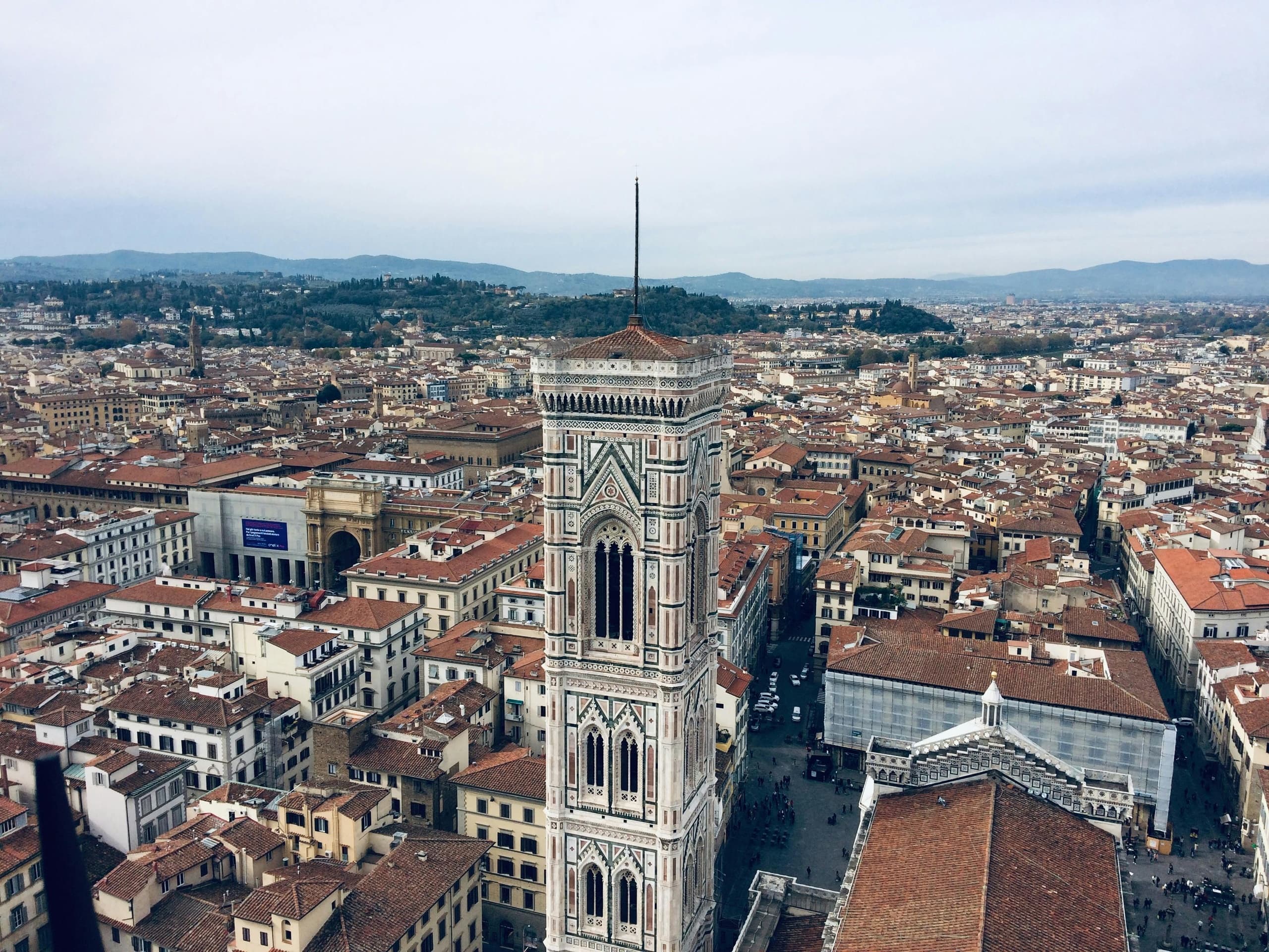 Aerial view of Florence skyline and Duomo cathedral tower
