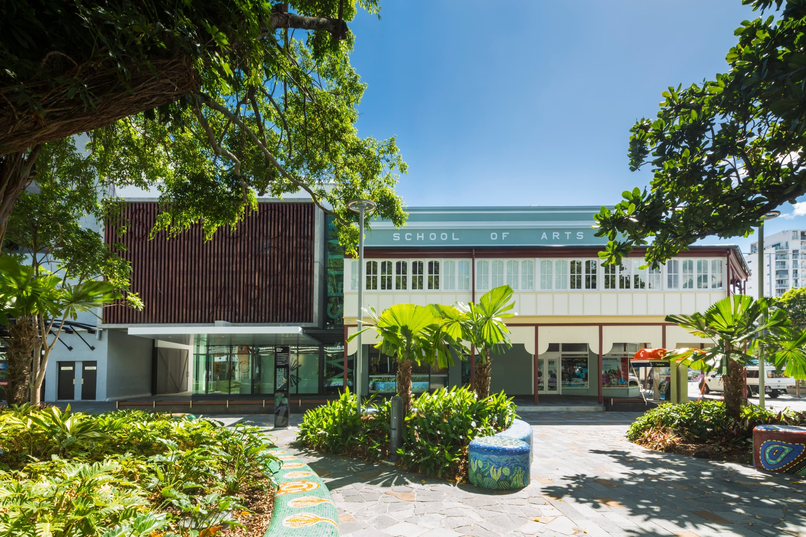 Museum exterior and garden at Cairns Museum entrance