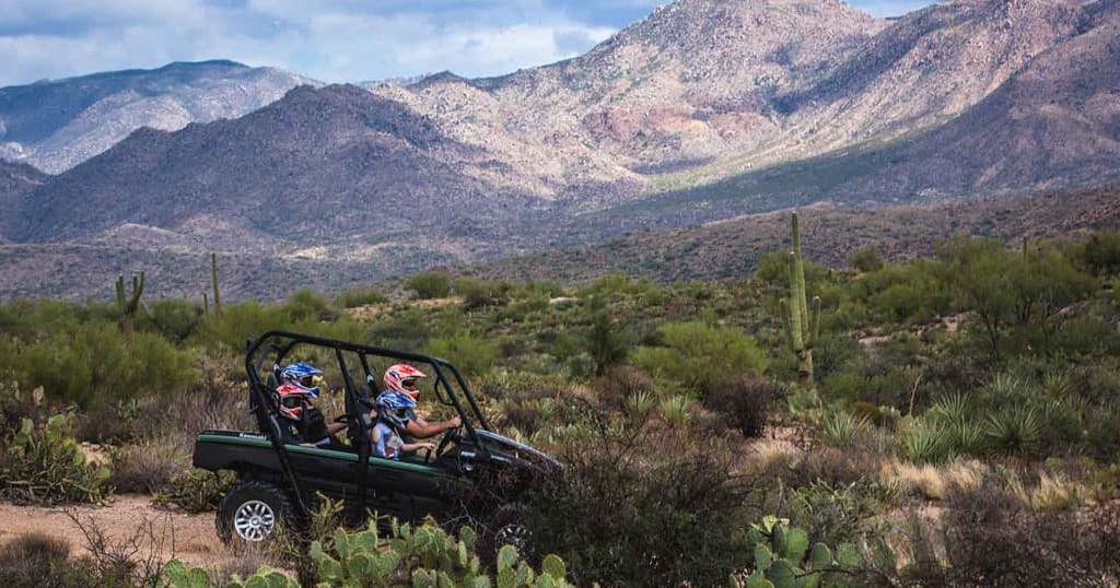 UTV driving across Sonoran Desert panorama with saguaros