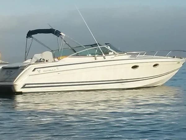 Motorboat cruising calm coastal waters, leisure boating trip