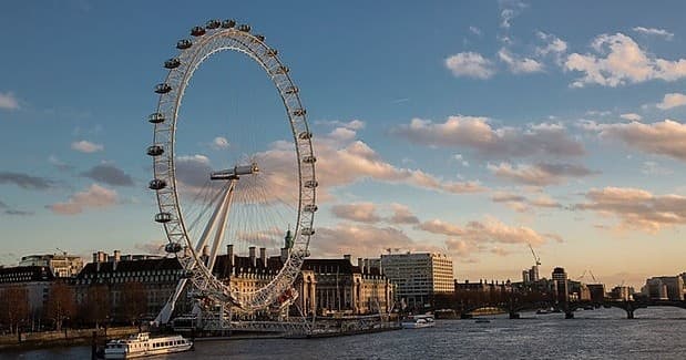 Panoramic view of London Eye and Thames at sunset