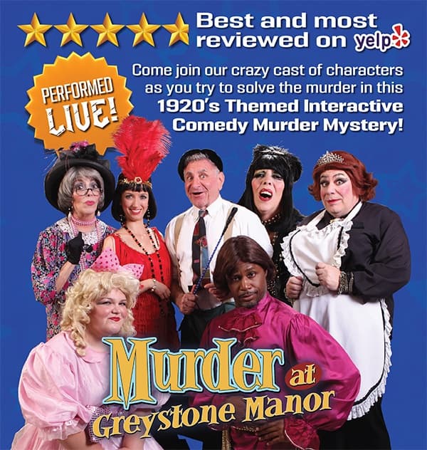 Poster showing colorful cast for interactive murder mystery comedy show