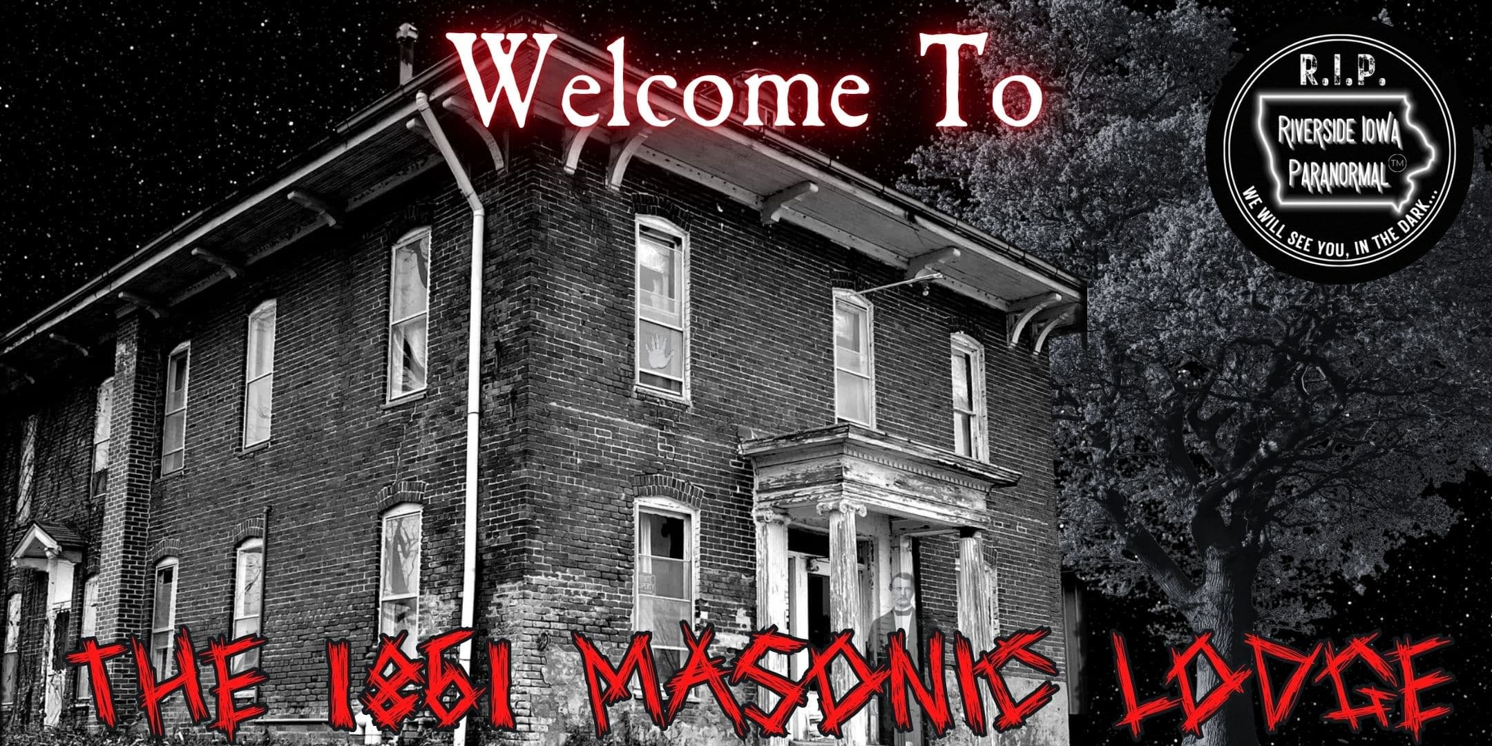 Exterior of historic 1861 Masonic Lodge at night, haunted tour