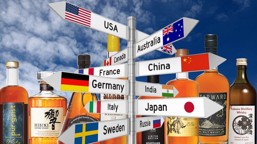 Collage of international whiskey bottles with country flag signs