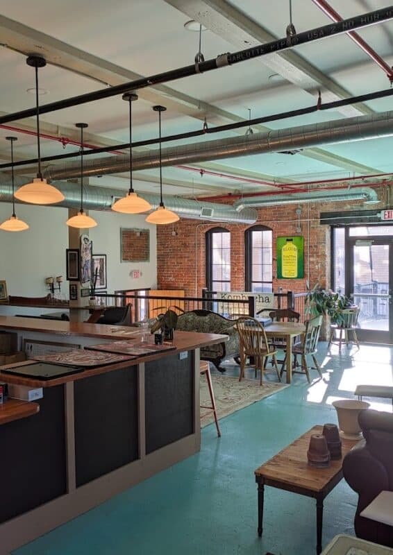 Bright kombucha café interior with seating and natural light