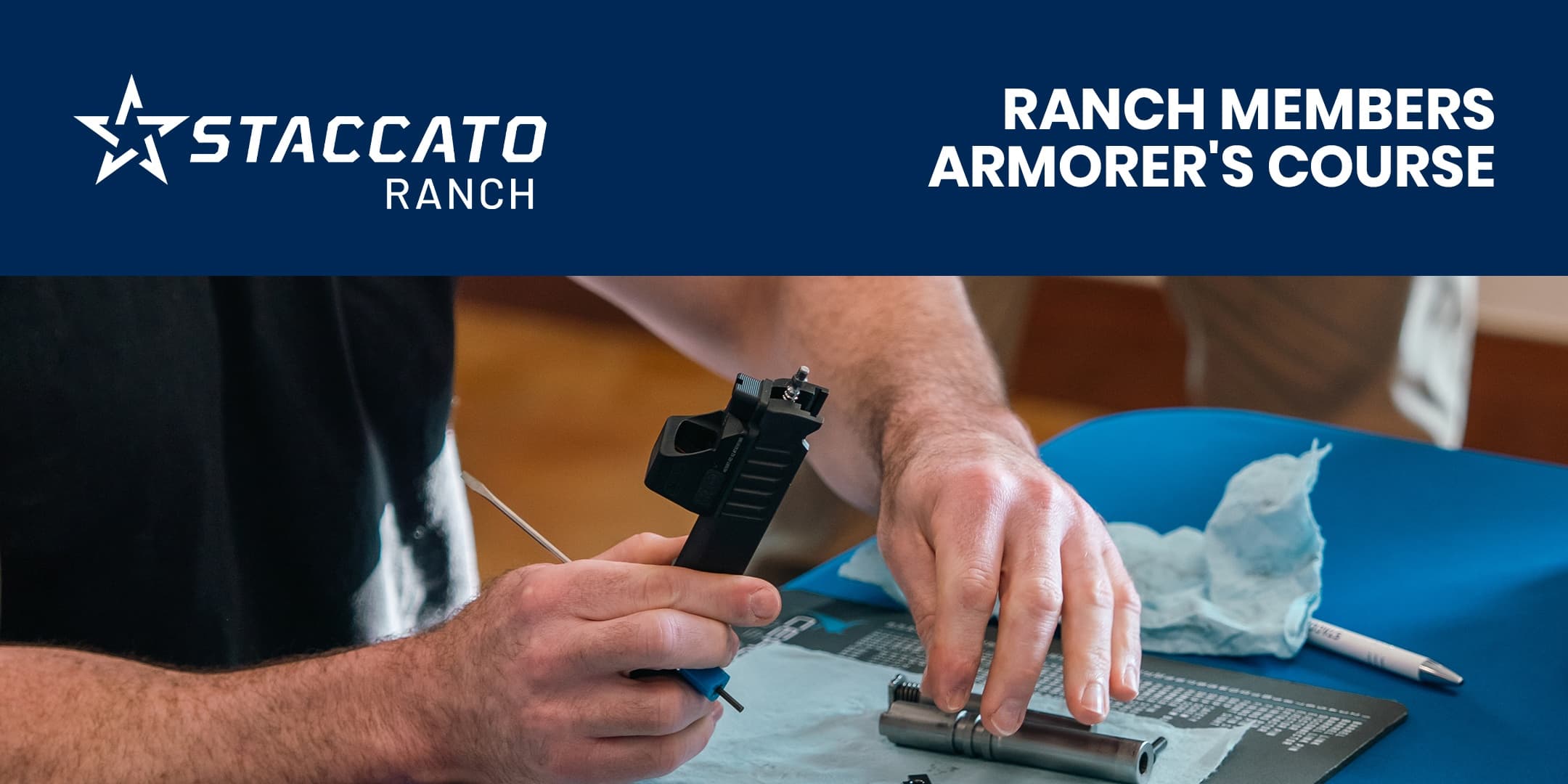 Armorer's course hands assembling pistol components at ranch