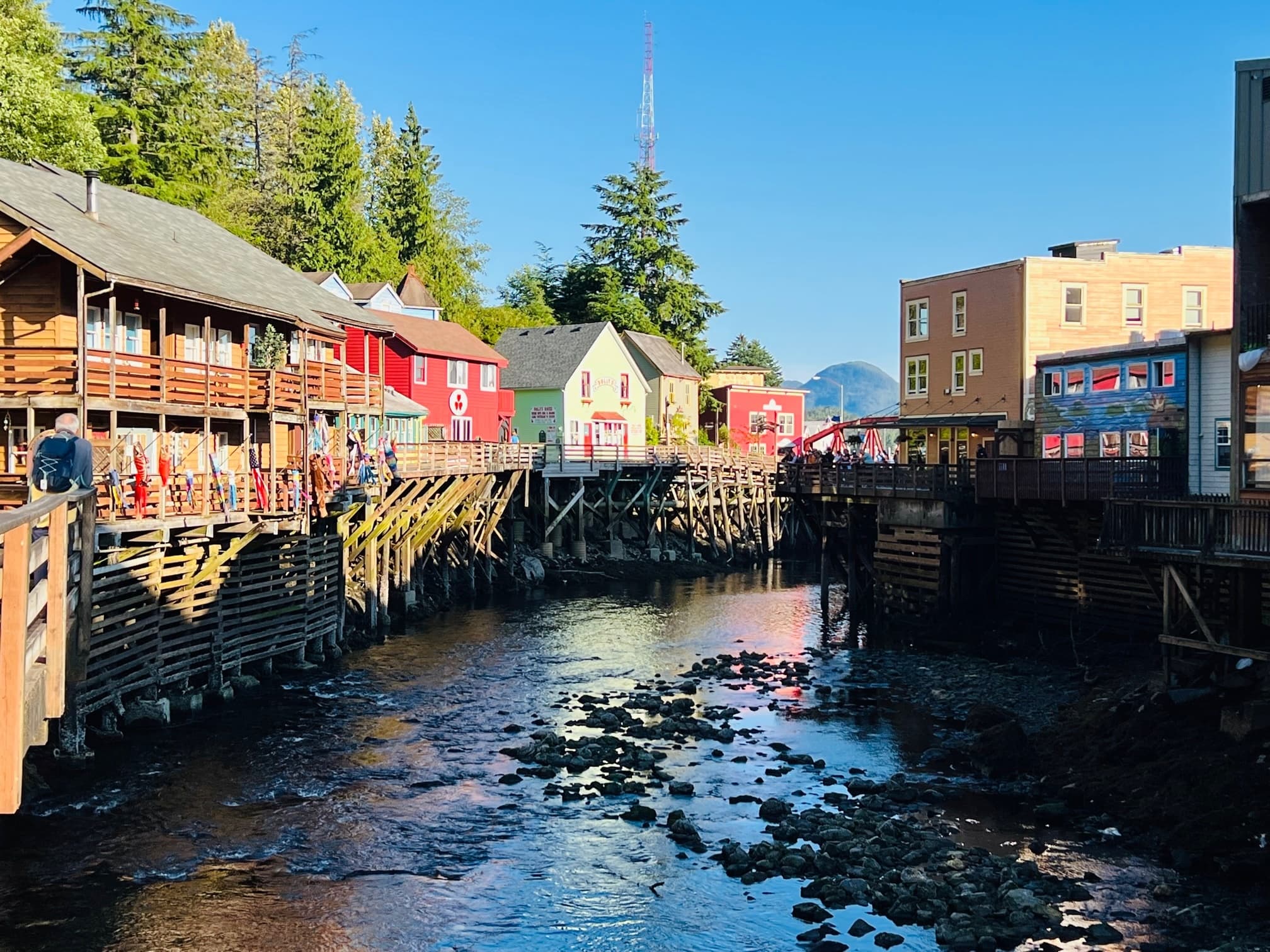 Waterfront boardwalk over creek in Ketchikan Alaska town